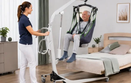 Älterer Mann wird im Patientenlifter ins Bett gehoben
