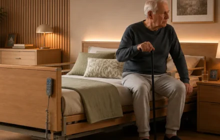 Mann sitzt im Pflegebett